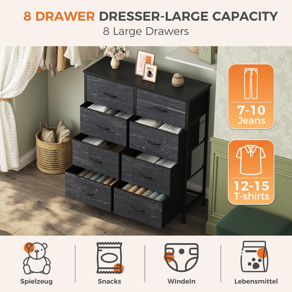Black 8 Drawer Fabric Dresser T7368