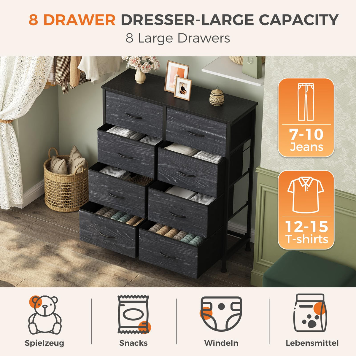 Black 8 Drawer Fabric Dresser T7368