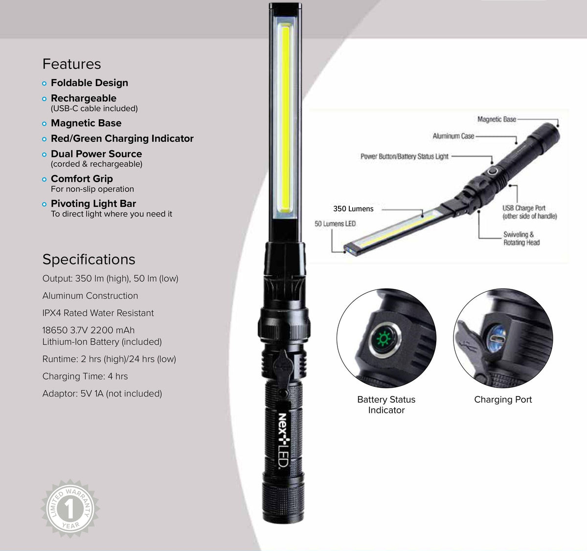 Foldable Rechargeable COB LED Work Light with Magnetic Base A8731