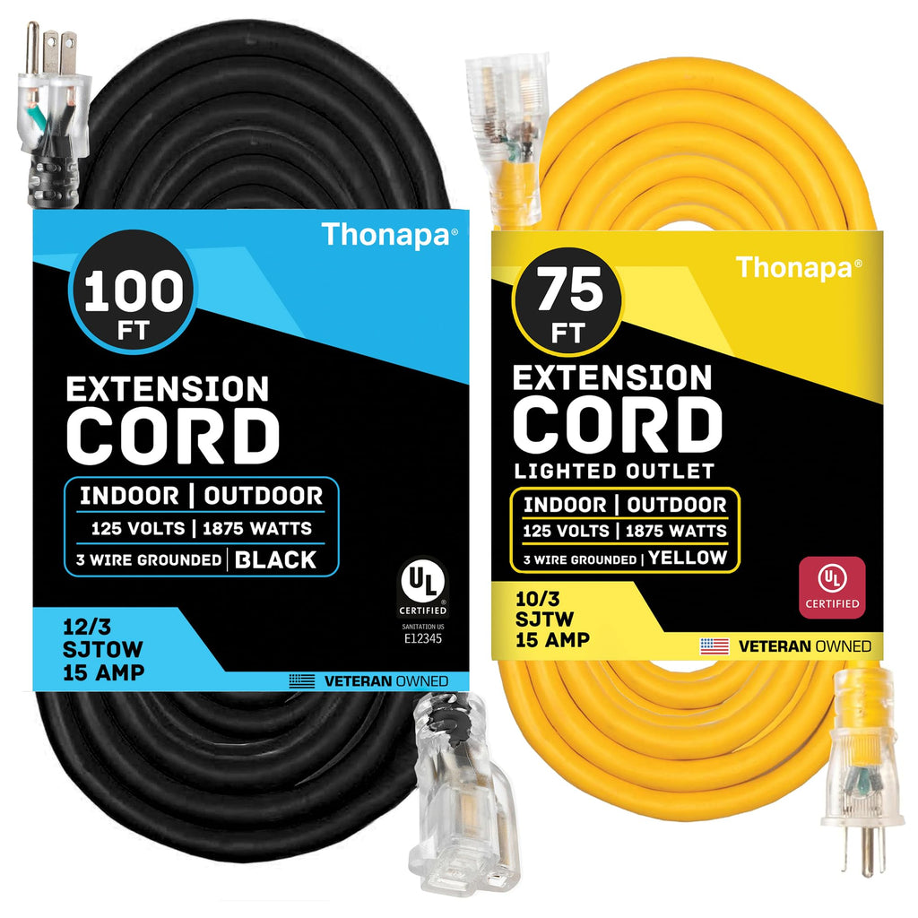 Black Oil Resistant 12 Gauge Extension Cord 100 ft and Yellow 10 Gauge Extension Cord 75 ft R970