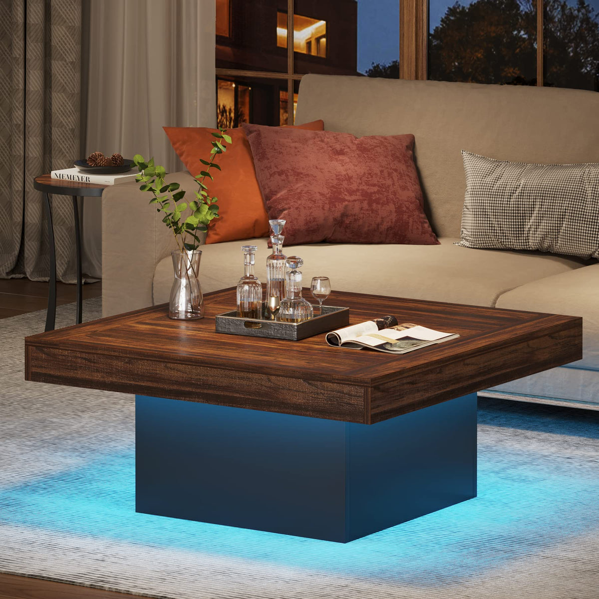 35.4-Inch Square Wood Coffee Table with LED Light M882586