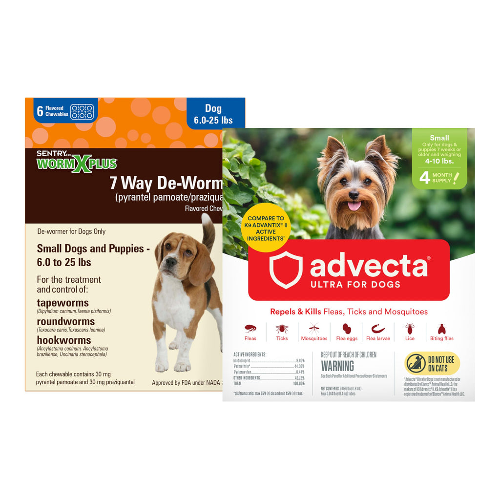 7 Way DeWormer for Small Dogs 6-25 lbs (6 Count) + Flea and Tick Prevention for Small Dogs 4-10 lbs (4 Count) Bundle J9684