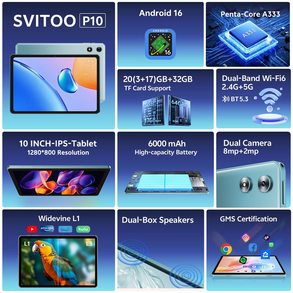 Android Tablet 10 Inch 20GB RAM 32GB Storage Blue Q158