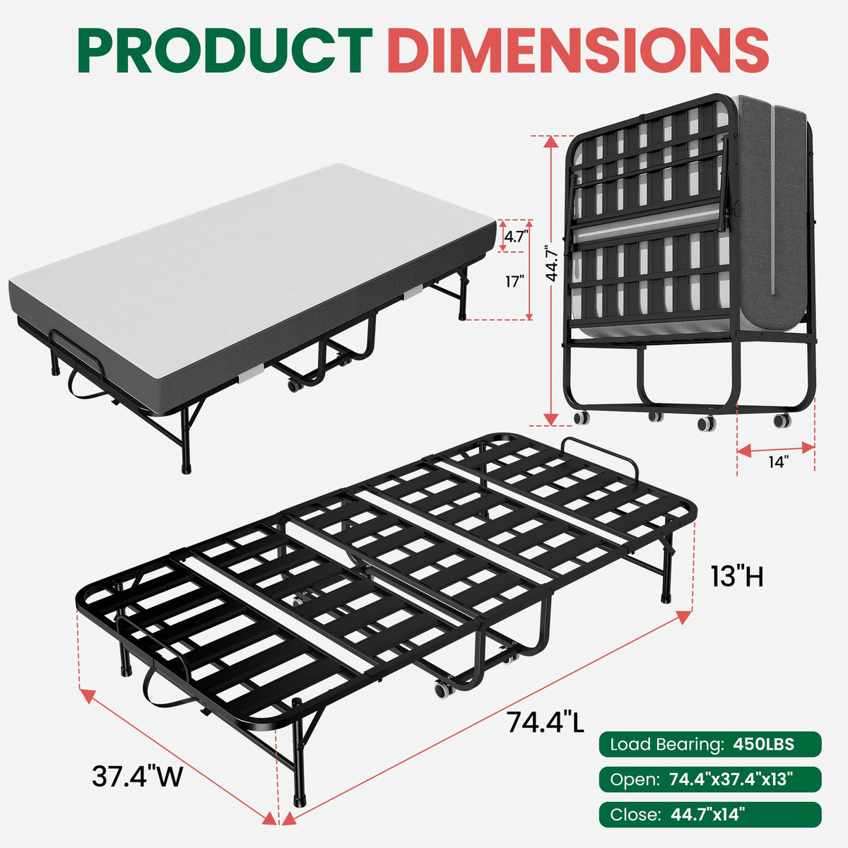 Folding Bed with Mattress with Wheels S428881