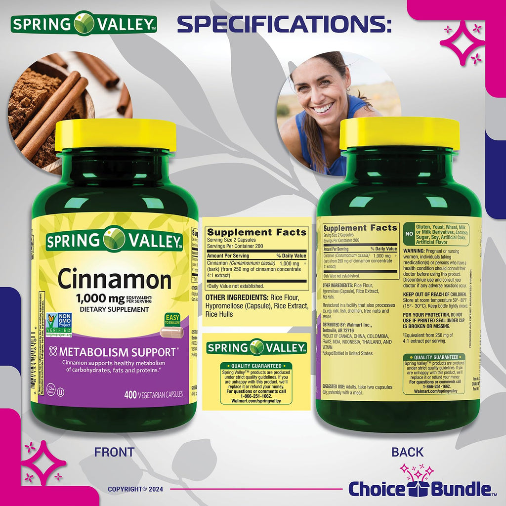 Cinnamon Supplement 1000mg Vegetarian Capsules 800 Total W426