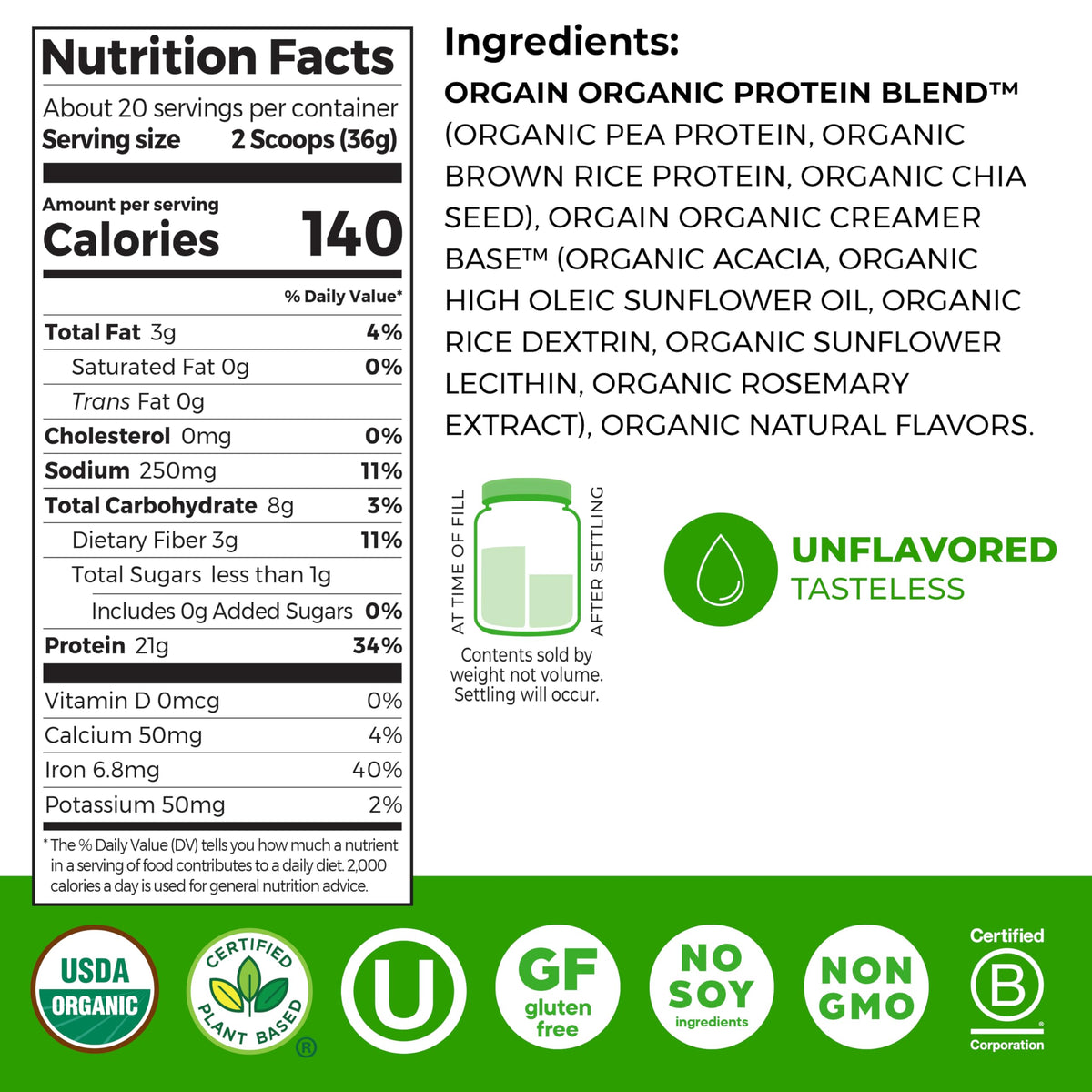 Organic Vegan Protein Powder, Natural Unsweetened, 1.59 lb S928