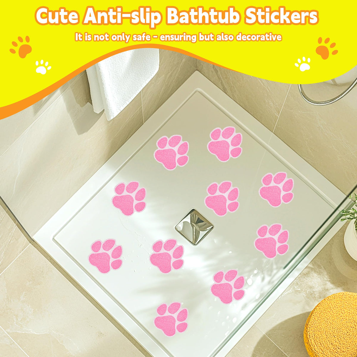 20PCS Non Slip Bathtub Stickers with Scraper, Pink, Dog Paw F9488