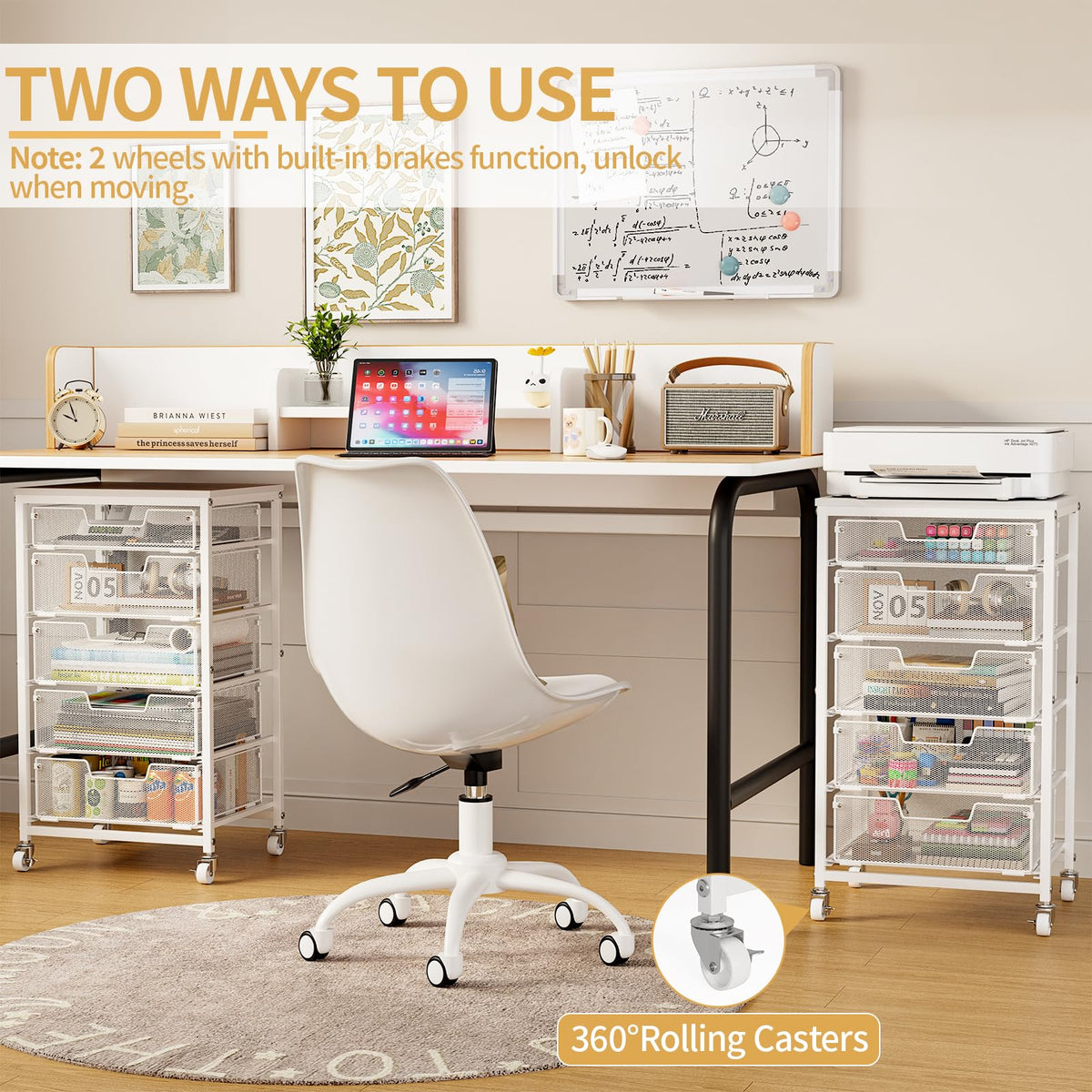 White 5 Drawer Rolling Utility Cart with Wooden Tabletop G12806