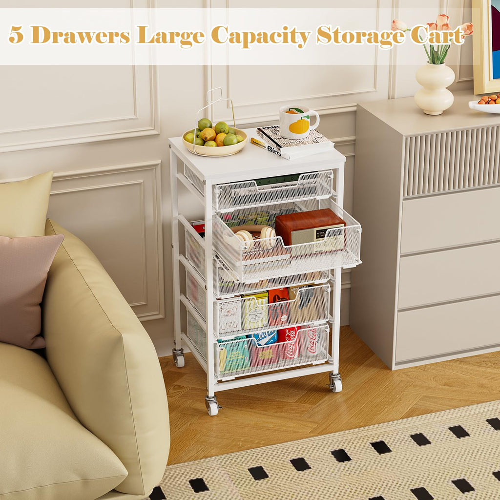 White 5 Drawer Rolling Utility Cart with Wooden Tabletop G12806