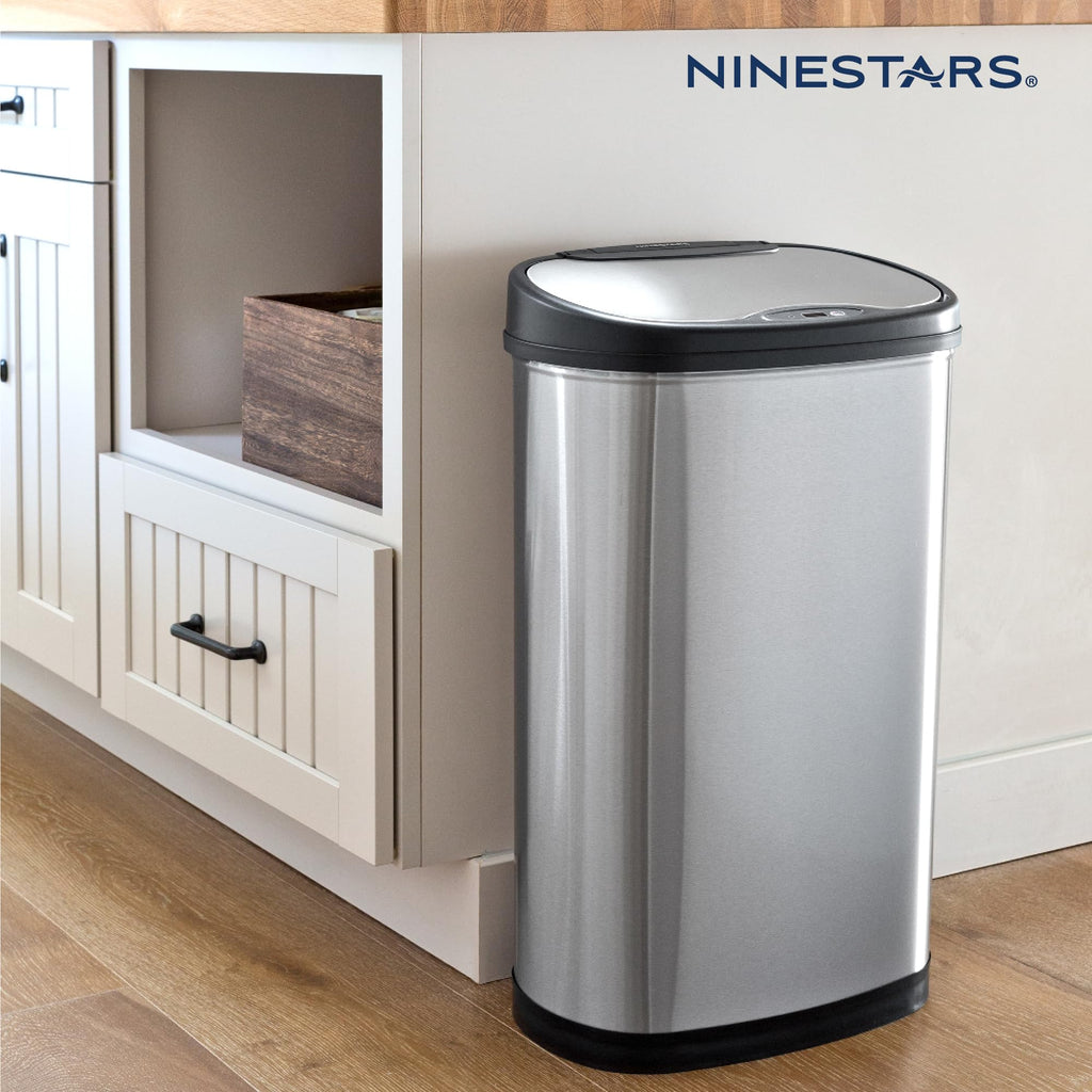 13 Gallon Oval Automatic Trash Can, 50L Touchless Motion Sensor Garbage Can with Odor-Sealing Lid & One-Touch Manual Mode, Silver Stainless Steel, Black Trim S388753