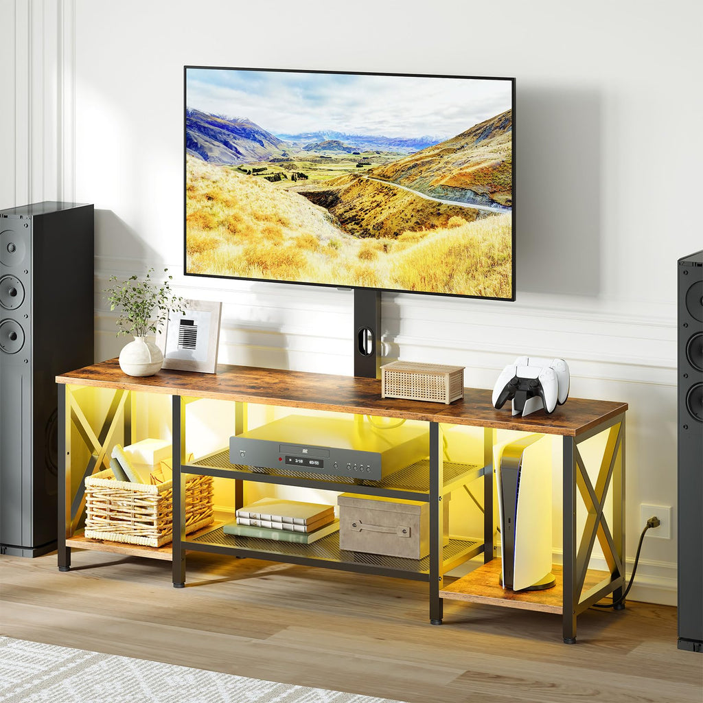 Rustic Brown 3-Tier TV Stand with Swivel Mount and Power Outlet C2759