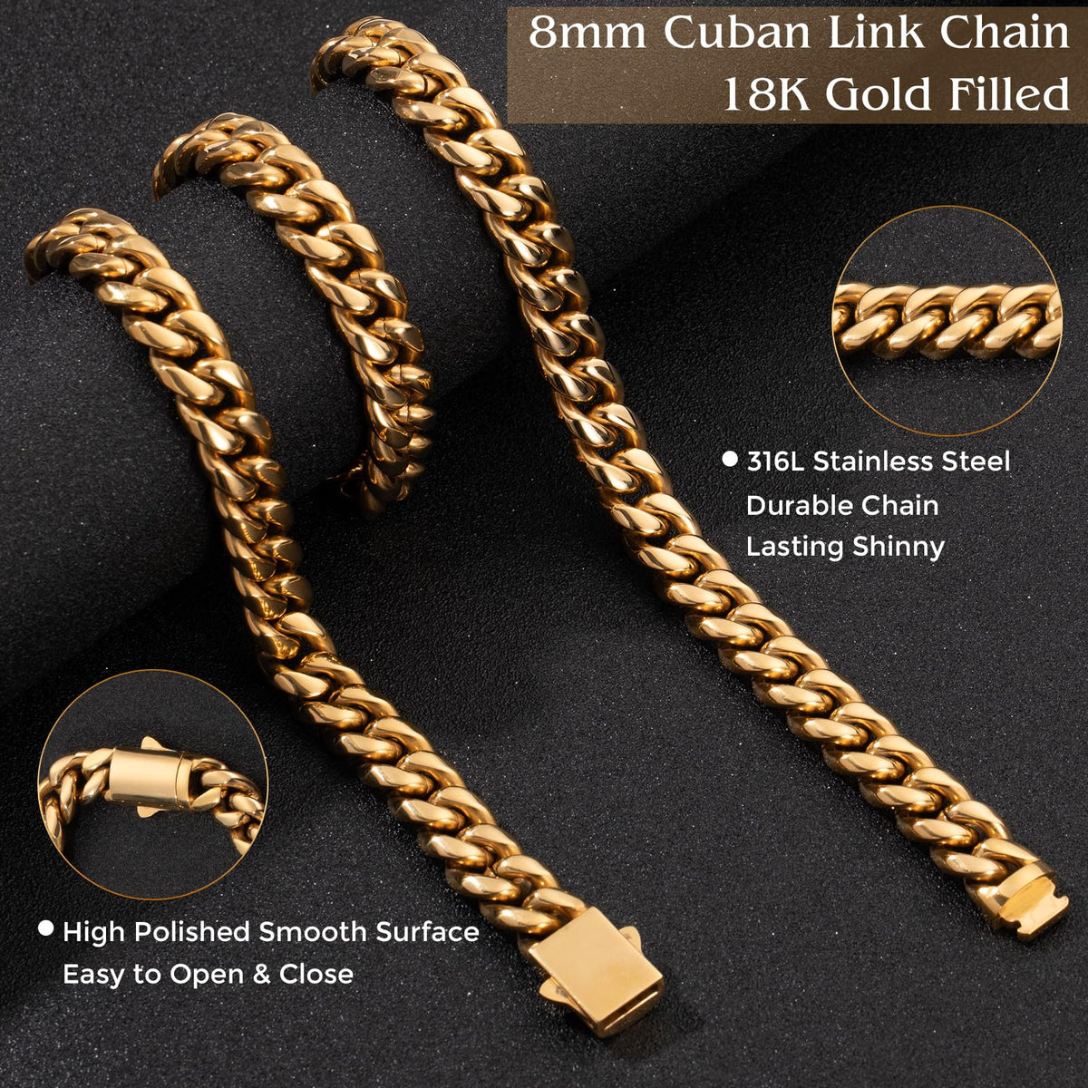 8mm Gold Cuban Link Chain 316L Stainless Steel Necklace W6080