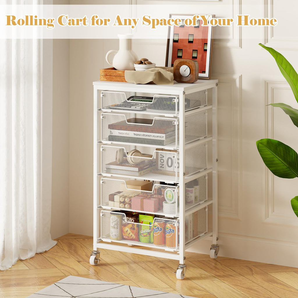 White 5 Drawer Rolling Utility Cart with Wooden Tabletop G12806