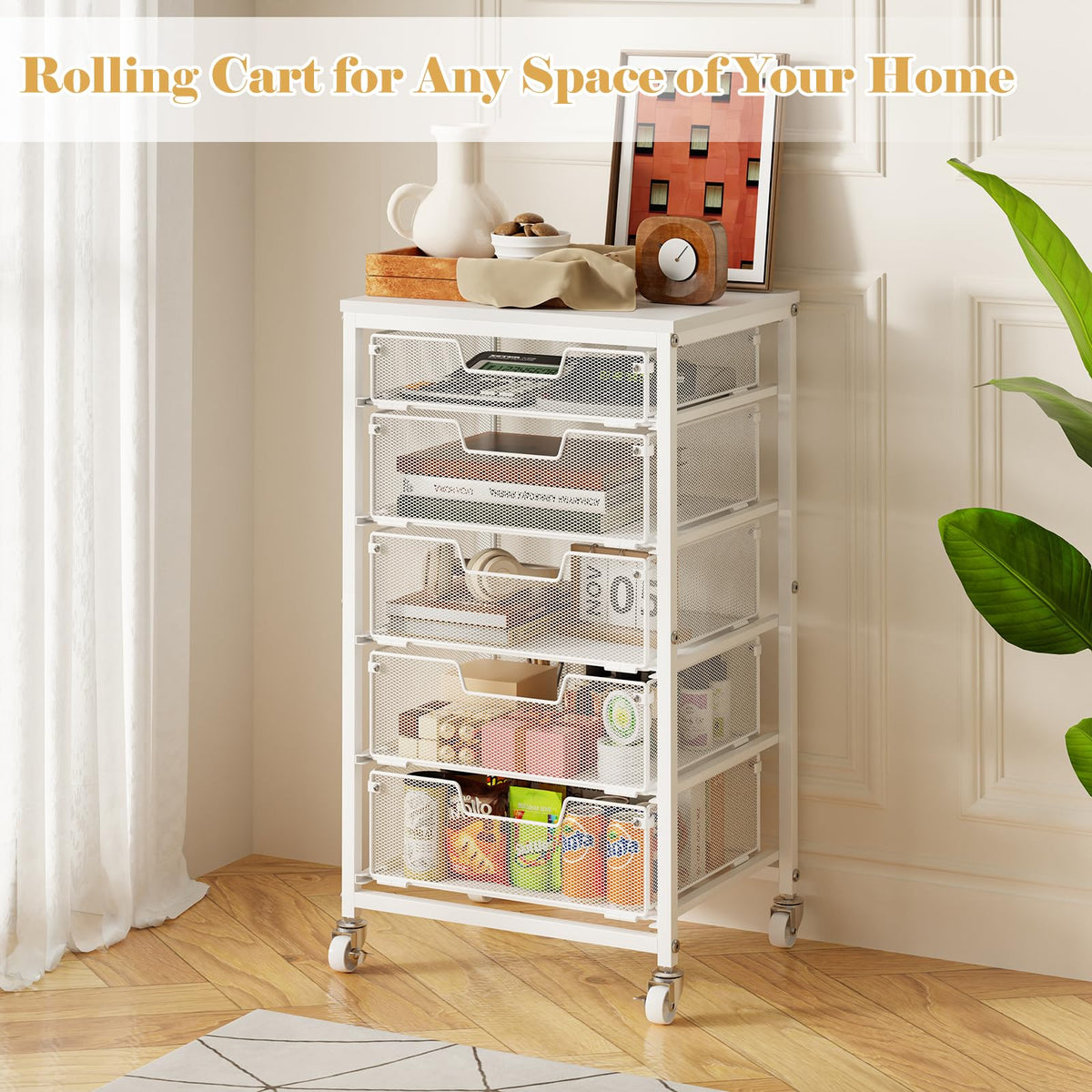 White 5 Drawer Rolling Utility Cart with Wooden Tabletop G12806